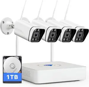 Gadpiparty Security Camera System Wireless, 4pcs 5MP WiFi Camera Outdoors for Home Security System, 8CH Video Surveillance NVR Set with 1TB HDD for 24/7 Recording, Motion Detection, IP67 Metal Shell