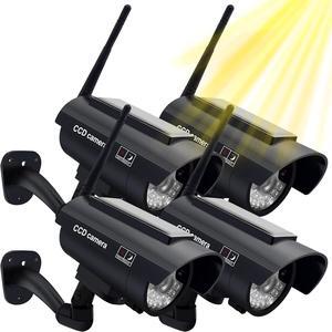 Gadpiparty Fake Security Camera, Solar Powered Dummy Security Camera Simulated Surveillance System with Light Sensor and LED Light for Home and Businesses Security Indoor/Outdoor(4Pack, Black)