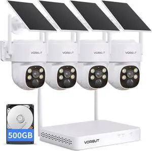 Gadpiparty Solar Security Camera System Wireless Outdoor, 4pcs 4MP PTZ Home Solar Security Camera Kit, 10CH WLAN NVR with 500G HDD, No Monthly Fee, 360° Pan & Tilt, Easy Setup