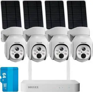 Gadpiparty OOSSXX (PT Digital Zoom 100% Wire-Free) 2-Way Audio Wireless Solar Cameras, Solar Battery PIR Detection Outdoor Wireless Security Camera System Video Surveillance System (4-Cams 64G)