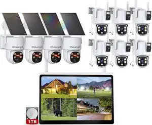 Gadpiparty Wireless Security Wireless Cameras with 10" Monitor, 4PCS 2K Solar Cameras + 6PCS 2K+2K Dual Lens Plug-in UseCameras for Home Security, Pre-Installed 1TB HDD