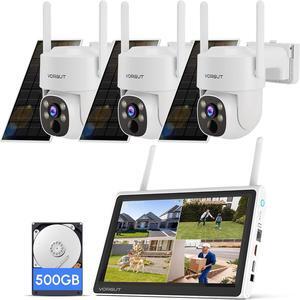 Gadpiparty Home Solar Securiy Camera System, 3pcs PTZ Wireless Battery Powered Surveillance Camera, 10CH Monitor NVR with 500G HDD, Human Detection Outdoor Solar Wireless CCTV Kits