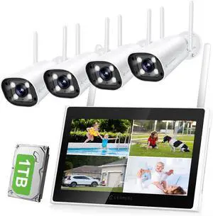Gadpiparty Expandable 10 Channel Wireless Security Camera System with 10.1" Monitor, AI Human Detection, Spotlight,Siren Alarm, 2-Way Audio,4Pcs 5MP Camera,Home Business Surveillance,1TB HDD