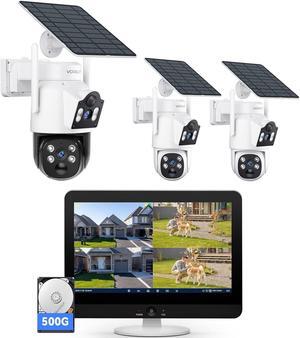 Gadpiparty Solar Security Camera System Wireless Outdoor, 3pcs Dual Lens (3MP+3MP) Home Security Camera System Outside, 2.4G/5G WiFi, 355° PTZ, Human Detection Alarm, 16CH 12'' Monitor NVR (500G HDD)