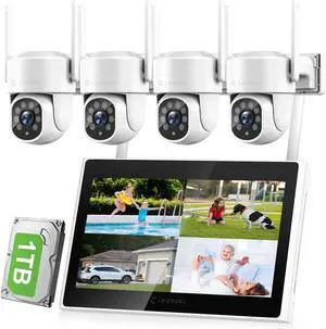 Gadpiparty Wireless Security Camera System with 10.1" Monitor, AI Human Detection, Floodlight,Siren Alarm, 2-Way Audio,4PCS 5MP PTZ Camera,Expandable 10CH NVR,Home Business Surveillance,1T HDD
