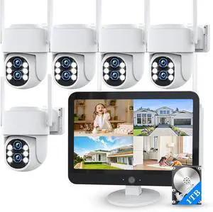 Gadpiparty Wireless Security Camera System Outdoor: Duel Lans 4K & 10x Zoom 4 PCS PTZ Dome Camera with 12.5" Monitor 10CH Expandable NVR, WiFi Color Night Vision 2-Way Talk Motion Track 1TB HDD