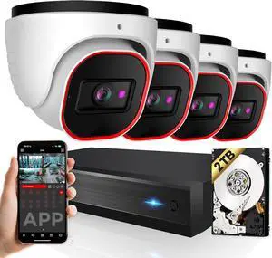 Gadpiparty Surveillance Camera System with AI Object Recognition  4CH NVR, 4 x 4MP PoE CCTV Cameras, HDD-2TB, Dome/Turret, H.265, Audio, Hybrid LED, IP67 Waterproof, IR 20m