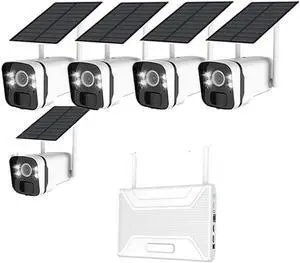 Gadpiparty Solar Security Cameras Outdoor Wireless - 100% Wire-Free Battery Powerd Security Camera System - 2K 10CH 5 Cameras Set- 2-Way Audio -Color Night Vision IP66-64GB TF Card - No Monthly Fee