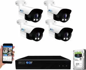Gadpiparty GW 8 Channel 4K NVR 5MP 1920P Full-Time Color Night Vision 2-Way Audio Security Camera System - 4 x 5MP Human Vehicle Detection Outdoor/Indoor PoE IP Bullet Camera