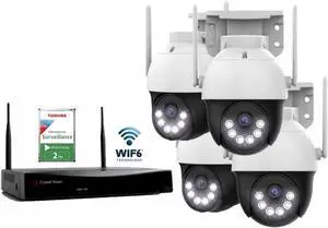 Gadpiparty 10-Channel WiFi6 NVR, 2TB HDD Flash & 4X 3MP Enhanced Pan-Tilt Floodlight Cameras | Audio Siren Security System