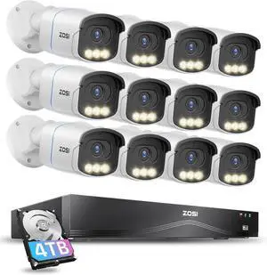 Gadpiparty ZOSI 16CH 4K PoE Security Camera System with 4TB HDD | 12pcs 8MP Outdoor PoE Cameras (C186 Aurora Lux) | True Full Color Night Vision, Person/Vehicle Detection, Two-Way Audio | 24/7