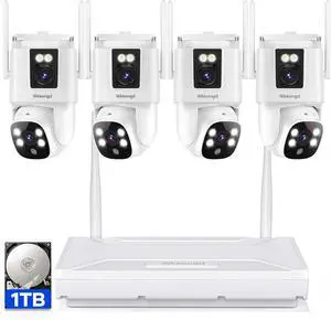 Gadpiparty Wireless Security Camera System Outdoor, 4pcs Dual Lens 2K PTZ Outdoor Auto Tracking Color Night Vision Cameras for Home, 2.4G/5G 4K 10CH NVR with 1TB HDD 24/7 Record