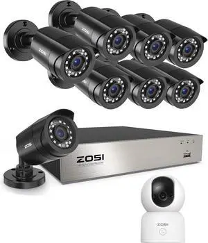 Gadpiparty ZOSI 8CH 5MP 8PCS Lite Home Security Bullet Cameras System&C518 2K 360 Degree Baby and Pet Monitor,2.4G/5G Dual-Band WiFi Home Cam with Phone App,Night Vision,Person Detection,2 Way Audio