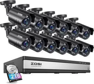 Gadpiparty ZOSI 3K Lite 16 Channel Security Camera System,12pcs 2MP Surveillance Camera,16CH 1080P CCTV DVR with 2TB HDD for 24/7 Recording