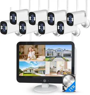 Gadpiparty [Dual Lens 2K*2 &10X Zoom Home Wireless Security Camera System with 12.5" LCD Monitor Outdoor, 10CH Kit with 6PCS 6MP House WiFi Security Camera 1TB HDD Spotlight Two Way Audio Motion Det