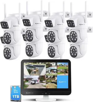 Gadpiparty 2K Wireless Security Camera System Outdoor with 12" HD Monitor, WiFi 6 Dual Lens Security Cameras with Auto Tracking, 16CH NVR with 1TB HDD, 24/7 Record