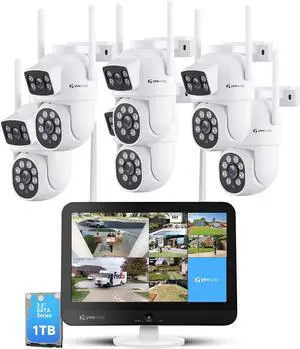 Gadpiparty 2K WiFi 6 Outdoor Security Camera System with 12" HD Monitor, 6pcs Dual Lens WiFi Cameras with Auto Tracking 1TB HDD for Local Storage, No Monthly Fee