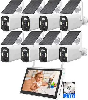 Gadpiparty Outdoor 8CH 4MP Solar Power Security Camera System with Color Night Vision, Two Way Audio, Motion Detection, Wireless WiFi Solar Engry Surveillance Camera Kit with 2TB Hard Disk