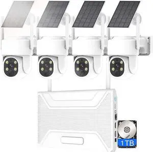 Gadpiparty 4MP Wireless WiFi Solar Power Security Camera System with 1T Hard Drive, Outdoor Surveillance Solar Energy Camera NVR Kit with Two-Way Audio, Color Night Vision