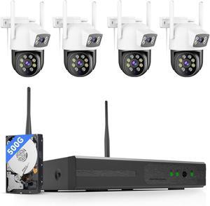 Gadpiparty Wireless Security Camera System, 4pcs 2K Dual Lens PTZ Cameras for Home Security System Outdoor, 2.4G/5G WiFi, Auto Tracking, Human Detection Alarm, Color Night Vision, 16CH NVR (500G HDD)