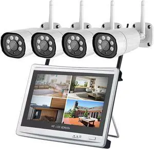 Gadpiparty 4CH Home Security Camera System, Wireless WiFi NVR Kit, with 4 Cameras, and 12.5-inch NVR Display, Outdoor 3MP HD Waterproof Surveillance Camera System with Audio, Motion Detection