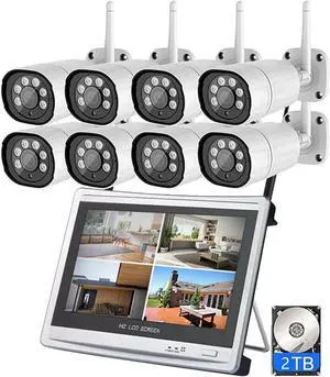 Gadpiparty 8CH 3MP HD Wireless WiFi Home Security Camera Kit with 8 Cameras, 2T Hard Disk and 12.5-inch NVR Display, Outdoor Waterproof Surveillance Camera System with Audio, Night Vision
