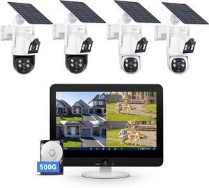 Gadpiparty Solar Security Camera System Wireless Outdoor, 4pcs Dual Lens (3MP+3MP) Home Security Camera System Outside, 2.4G/5G WiFi, 355° PTZ, Human Detection Alarm, 16CH 12'' Monitor NVR (500G HDD)