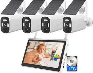 Gadpiparty 4MP Solar Power Security Camera System with LCD Monitor and 1T Hard Disk, Outdoor Wireless WiFi Solar Engry Surveillance NVR Kit with Color Night Vision, Motion Detection