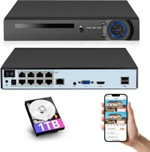 Gadpiparty Fuers 8 Port 4K Network Video Recorder With 1TB Hard Drive,NVR for Home Security Camera System, Only Work with 4K/2K/3MP/5MP/6MP/8MP/1080P HD PoE Camera, 24/7 Recording, Human Detection, R