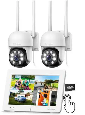 Gadpiparty Camcamp All-in-One Security Camera System with 7" Touchscreen Monitor, 2pcs 2K 4MP Security Cameras, No WiFi Required, 32GB SD, Color Night Vision 24/7 Record, 2-Way Audio Motion Detection
