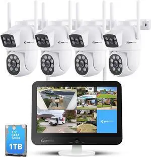 Gadpiparty 2K Wi-Fi 6 Wireless Security Camera System with 12" Monitor, Dual Lens WiFi Security Cameras with 360° Pan Tilt & Auto Tracking, 16CH NVR with 1TB HDD, 5G&2.4G WiFi, 24/7 Record,Plug-in Po