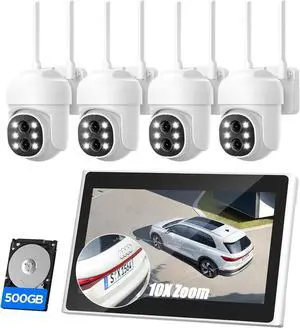 Gadpiparty 2K Security Camera System Wireless Outdoor with 10 IPS Monitor, 4pcs Dual Lens PTZ Security Camera,10x Hybrid Zoom, Auto Tracking, 2 Way Audio, Color Night Vision, No Subscription, 500GB