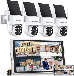 Gadpiparty Solar Security Cameras Wireless Outdoor, 4MP FHD Battery Powered Home Security Camera System with 10" Monitor, 4-Cam kit, 360° View, Full Color Night Vision, Motion Detection, Work with Al