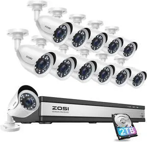 Gadpiparty ZOSI H.265+ 1080p 16 Channel Security Camera System, 16CH DVR Recorder with 2TB Hard Drive and 12 x 1080p Weatherproof CCTV Bullet Camera Outdoor Indoor with 80ft Night Vision, Motion Aler