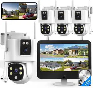 Gadpiparty Wireless Outdoor Security Camera System, Wkkengd Dual Lens Dual Screen Auto Tracking 4 Home Surveillance Camera Set 12.5" Monitor 1TB 10CH NVR Color Night Vision 2 Way Audio Wi-Fi 6 Alexa