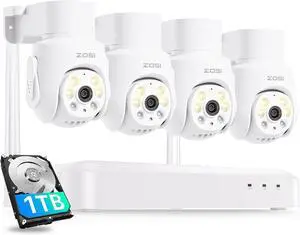 Gadpiparty ZOSI 8CH 3K Wi-Fi 6 Security Camera System, 4 x 5MP Pan Tilt WiFi Camera with Auto Tracking, Color Night Vision, Plug-in, AI Person Detect, 2-Way Audio, 8 Channel WiFi NVR with 1TB HDD for