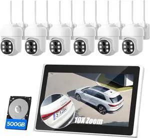 Gadpiparty 2K Security Camera System Wireless Outdoor with 10 IPS Monitor, 6pcs Dual Lens PTZ Security Camera,10x Hybrid Zoom, Auto Tracking, 2 Way Audio, Color Night Vision, No Subscription, 500GB
