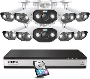 Gadpiparty ZOSI 16CH 4K Spotlight Home PoE Security Camera System,H.265+ 16Channel 8MP NVR with 4TB HDD,10pcs 5MP Outdoor PoE IP Cameras,2 Way Audio,Night Vision,Person/Vehicle Detection,for 24-7 Rec