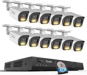 Gadpiparty 4K Security Camera System 16 Channel 4TB HDD, 12 8MP PoE Commercial IP Bullet Cameras with Spotlight Color Night Vision, 2 Way Audio, AI Human Vehicle Detection, Remote Access, PB65A1216-8