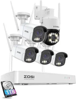 Gadpiparty ZOSI 8CH 4MP QHD 2.5K WiFi Security System with 4 x 4MP Outdoor Cameras & C296 3K 5MP Aurora Lux WiFi 6 PT Camera, True Full Color Night Vision, AI Person Detect, Auto Track, 2-Way Audio,
