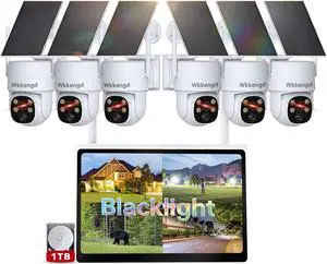 Gadpiparty Blacklight Solar Security Wireless Camera System with 10" Monitor, 2K F1.0 6PCS Super Aperture PTZ Battery Powered Cameras for Home Security, Pre-Installed 1TB HDD, True Full Color Night V