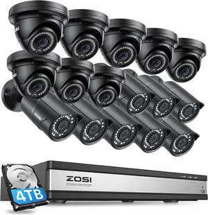 Gadpiparty ZOSI 4K 16 Channel PoE Security Camera System Outdoor Indoor, 16CH 4K NVR with 4TB HDD for 24/7 Recording, 16 X 5MP (3K) Bullet Dome PoE Cameras with Night Vision, Motion Detection, Remote