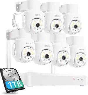 Gadpiparty ZOSI 8CH 3K Wi-Fi 6 Security Camera System, 7 x 5MP Pan Tilt WiFi Camera with Auto Tracking, Color Night Vision, Plug-in, AI Person Detect, 2-Way Audio, 8 Channel WiFi NVR with 1TB HDD for