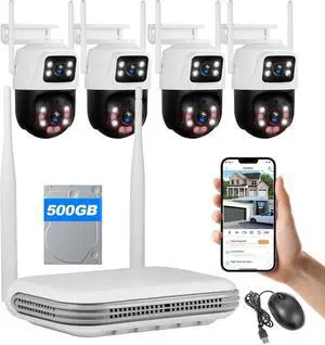 Gadpiparty Fuers Wireless WiFi Security Camera System, 8CH HD NVR Kit, 4Pcs 5MP CCTV Home Dual Lens Security Camera System for Indoor/Outdoor Use, Night Vision, Waterproof, Motion Detection, 500G Har