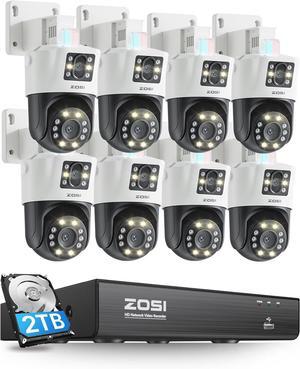 Gadpiparty ZOSI 4K Dual-Lens PoE Security Camera System, 8 x 4K 8MP Pan/Tilt (2x4MP) PoE 360 Camera Outdoor, Person/Vehicle Detect, Spotlight Siren, Color Night Vision, 8CH 8MP NVR with 2TB HDD (16CH