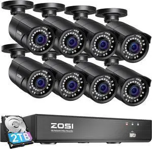 Gadpiparty ZOSI 1080p H.265+ PoE Home Security Camera System Outdoor Indoor,8CH 5MP PoE NVR Recorder and (8) 1080p Surveillance Bullet IP Cameras with 120ft Long Night Vision ( 2TB Hard Drive Built-i