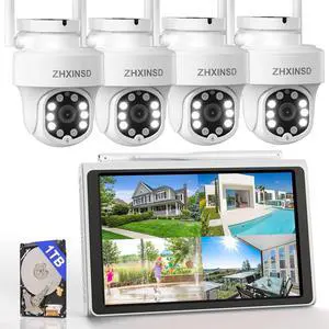 Gadpiparty ZHXISND 5MP 10CH Home Security Camera System Outdoor, 5G/2.4G WiFi 4K Surveillance 10" Monitor with 1TB HDD for 24/7 Recording, Auto-Tracking, Color Night Vision, DC Power Plug-in, 0 Month