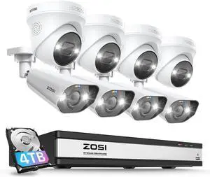Gadpiparty ZOSI 16CH 4K Spotlight PoE Security Camera System with 4TB HDD,8pcs 4K Indoor Outdoor Dome Bullet Cameras,Person Vehicle Detection,2 Way Audio and Siren,Night Vision,16Channel 8MP NVR for