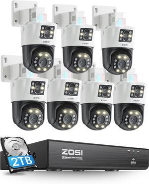 Gadpiparty ZOSI 4K Dual-Lens PoE Security Camera System, 7 x 4K 8MP Pan/Tilt (2x4MP) PoE 360 Camera Outdoor, Person/Vehicle Detect, Spotlight Siren, Color Night Vision, 8CH 8MP NVR with 2TB HDD (16CH