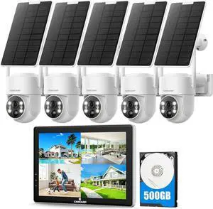 Gadpiparty CAMCAMP Wireless Solar Home Security System with 10" 10CH NVR Monitor &500GB HDD, 0 Monthly Fee, 5pcs 2K PTZ Solar Security Camera Outdoor, HDMI Output Color Night Vision Motion Alert 2-Wa